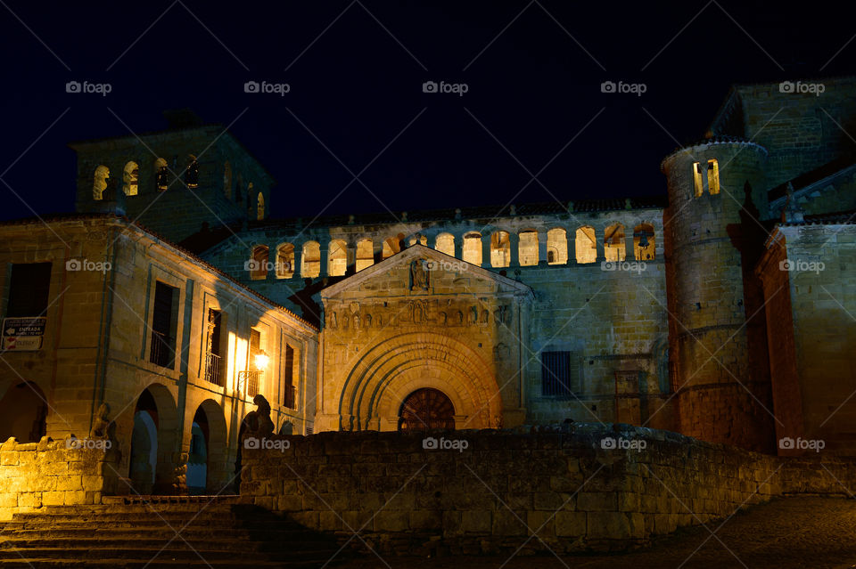 Night view of Colegiata de Santillana del Mar in Cantabria, Spain.