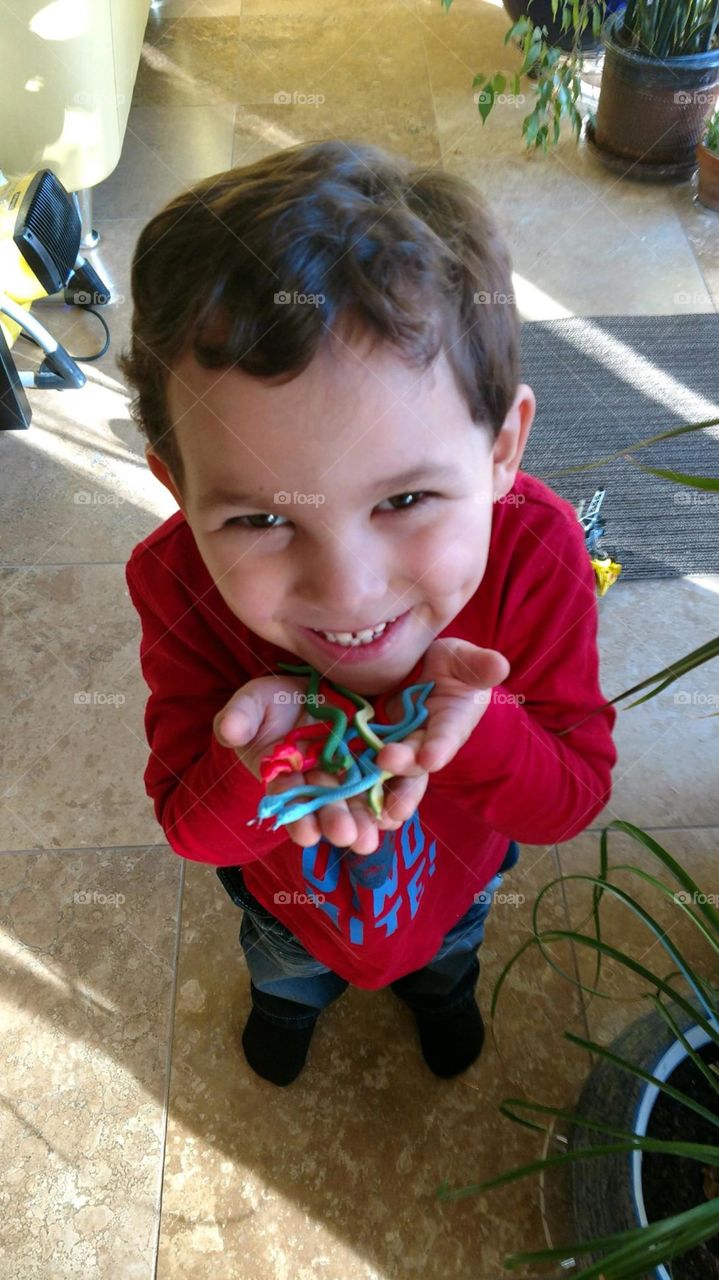 Boy with dimple holding out toy snakes.