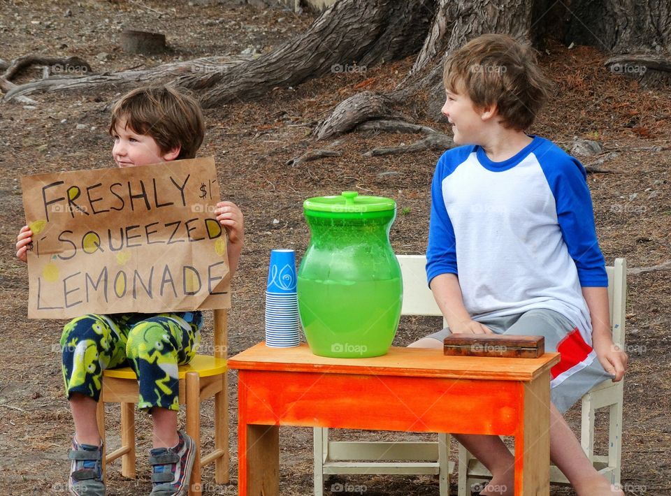 Childhood Lemonade Stand. Young Brothers Selling Homemade Lemonade In The Summertime
