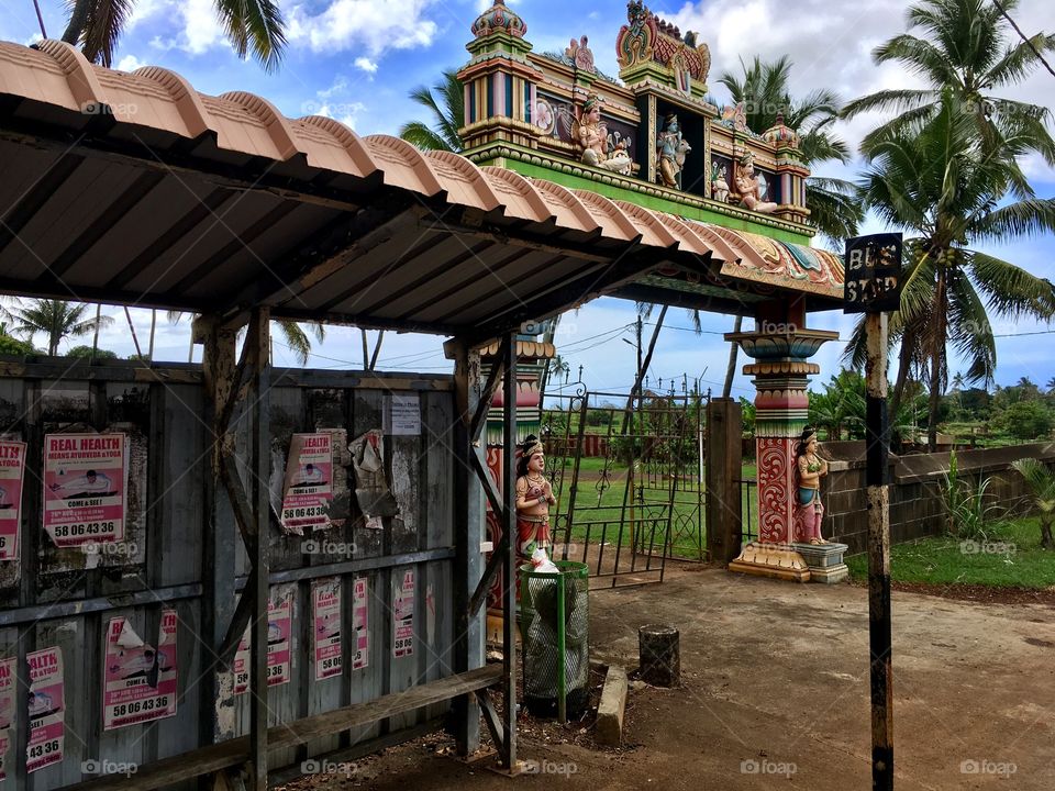 Bus stop at a Tamil temple in Mauritius.