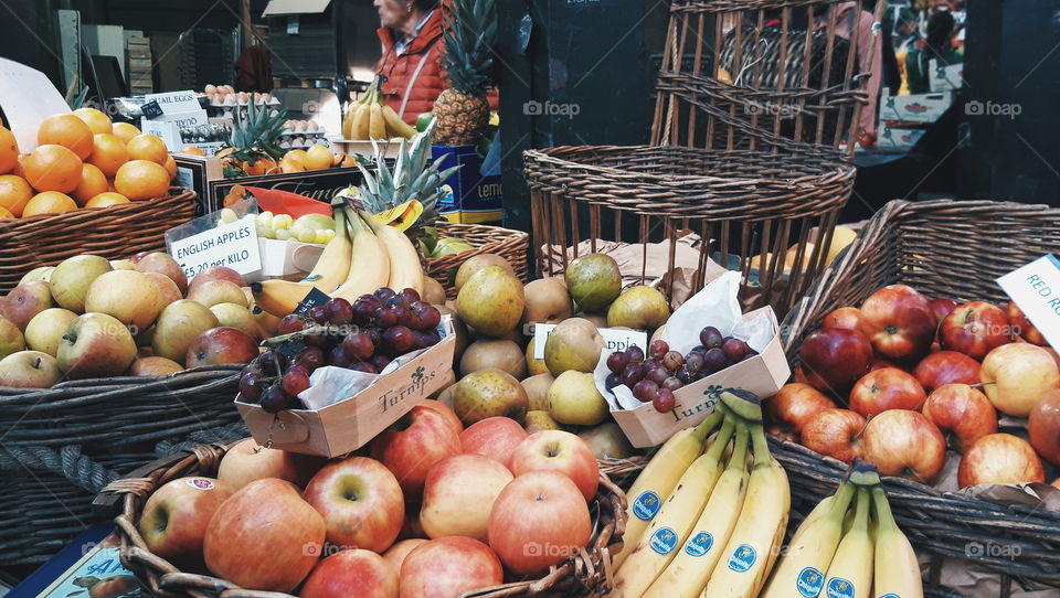 Variety of fruits from the oldest market in the world- the Borough Market in London, England.