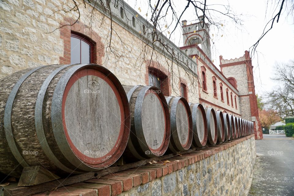 Wine barrels stacked on display at Yalumba Winery