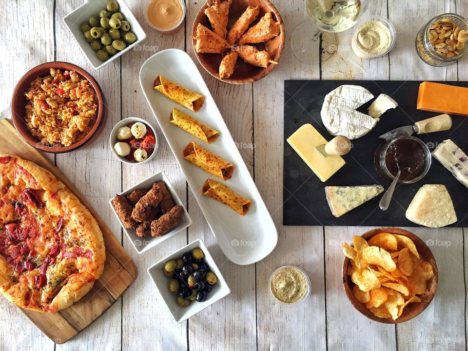 High angle view food on wooden table