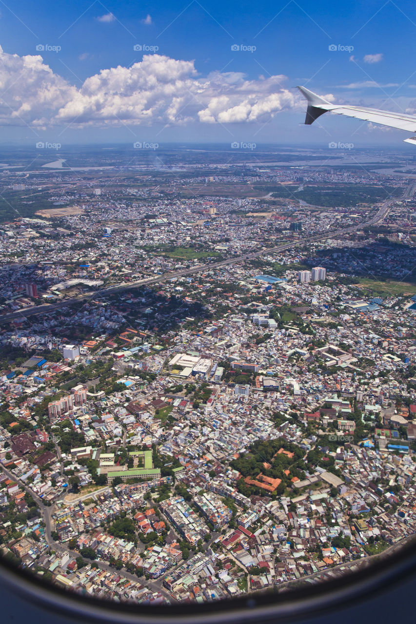 City view from above. Shot taken from a plane