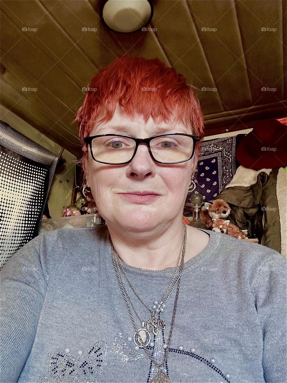 This is me, “Petra Schiller” a.k.a. “Maxine Firefox” a.k.a. „Maximiliane Feuerfuchs“ with my favorite sparkly sweater aboard „Salvation”, the “28 foot 1969 Luhrs” cabin cruiser at “Newtown Creek” in LIC that is home. 2023. Hypnotic Productions