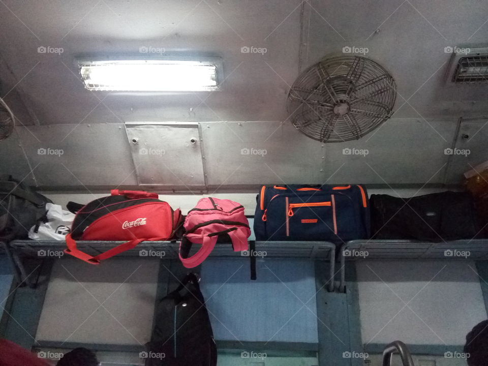 passenger's luggage kept in a railway compartment.