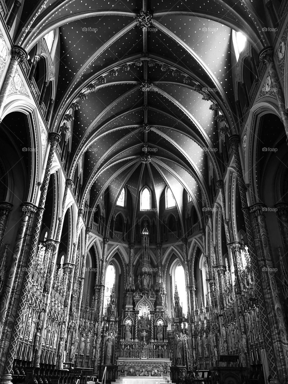 View of the inside of a historical church in black and white