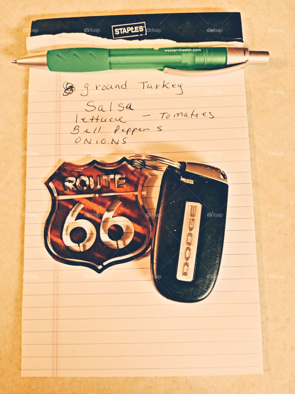 shopping time, grocery list in hand, car keys, list, pin, key, paper, key fob carmaker Dodge.