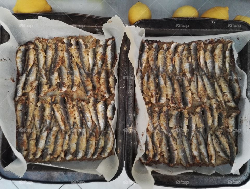 sardines, European pilchard, baked in wood fired oven
