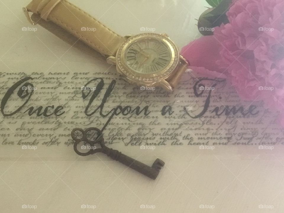 Still life - personal creative design - once upon a time - words, key, watch & peony rose 