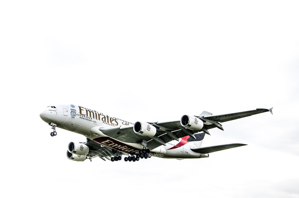 Emirates A380 coming to land at Heathrow with the world 2020 expo logo
