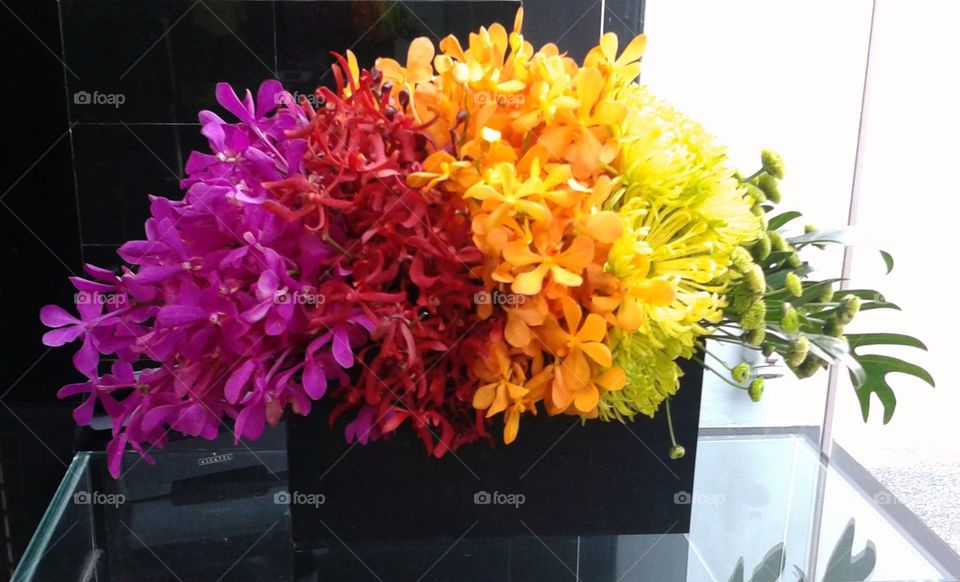 Flowers bouquet in wooden box on table glass