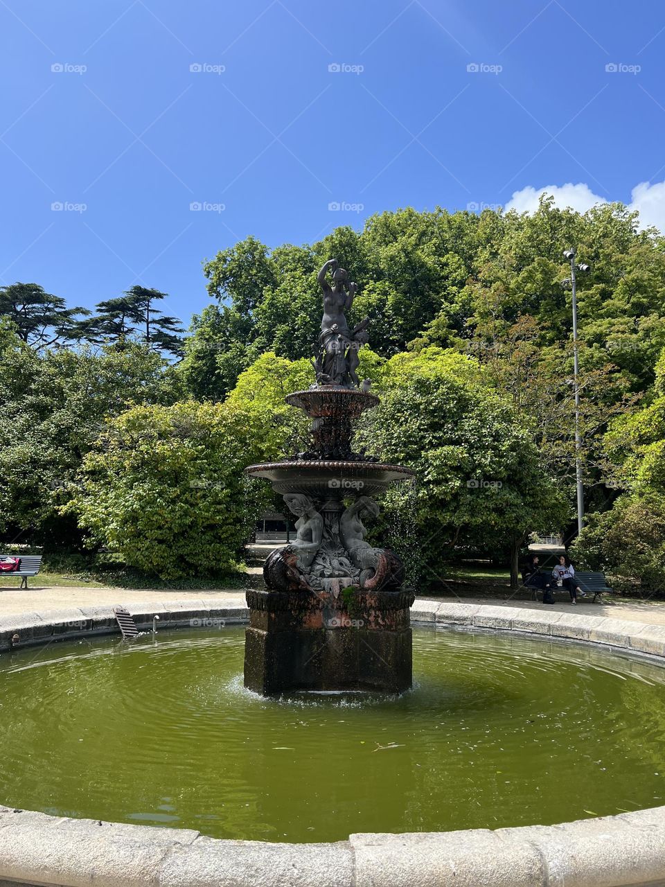 Fountain with water in the garden 
