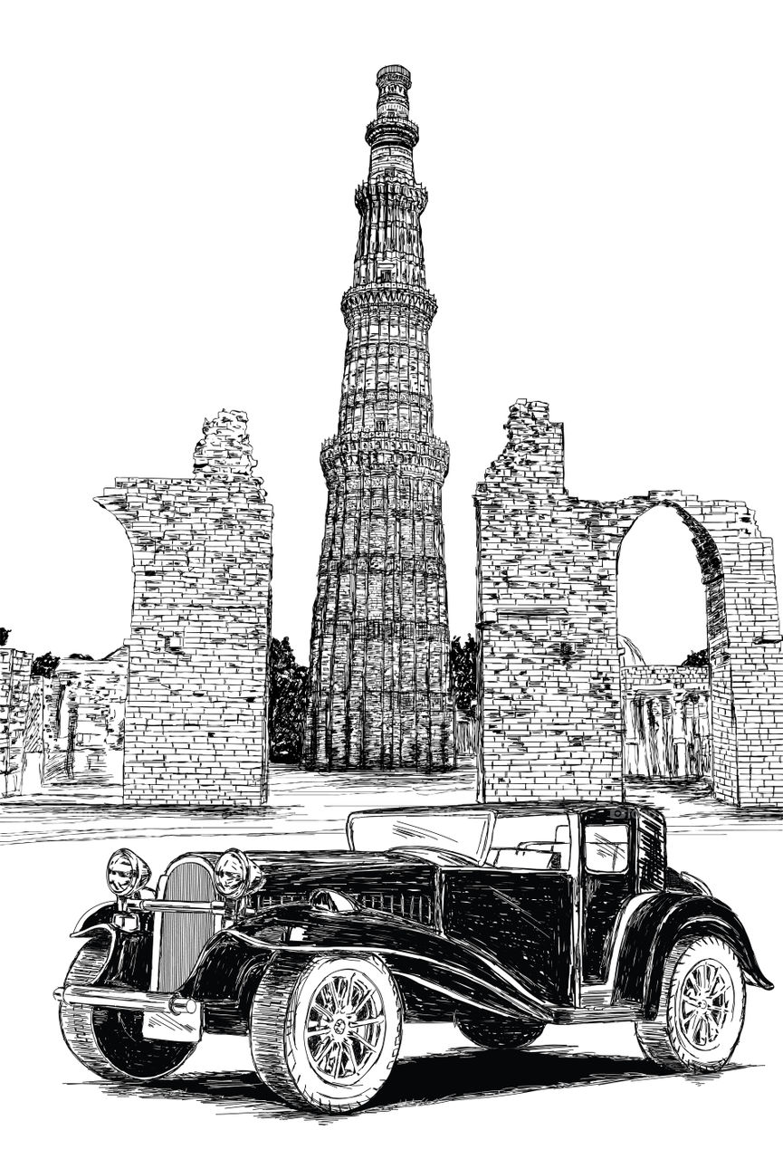 Qutub Minar detailed illustration with vintage car