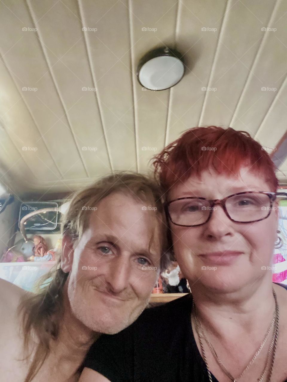 We are both getting older but we are still together going strong, myself, „Petra Schiller“ and partner „Timothy Trespas“ aboard the „Salvation“, our „28 ft 1969 Luhrs“ cabin cruiser at „Newtown Creek“ in LIC, Queens. 2023. Hypnotic Productions