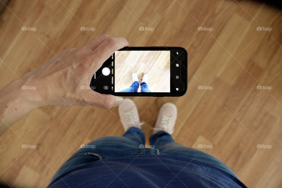 Girl With iPhone X Photographing Shoes, Photograph Of A Photograph, Camera Within A Camera, Photographer’s Viewpoint