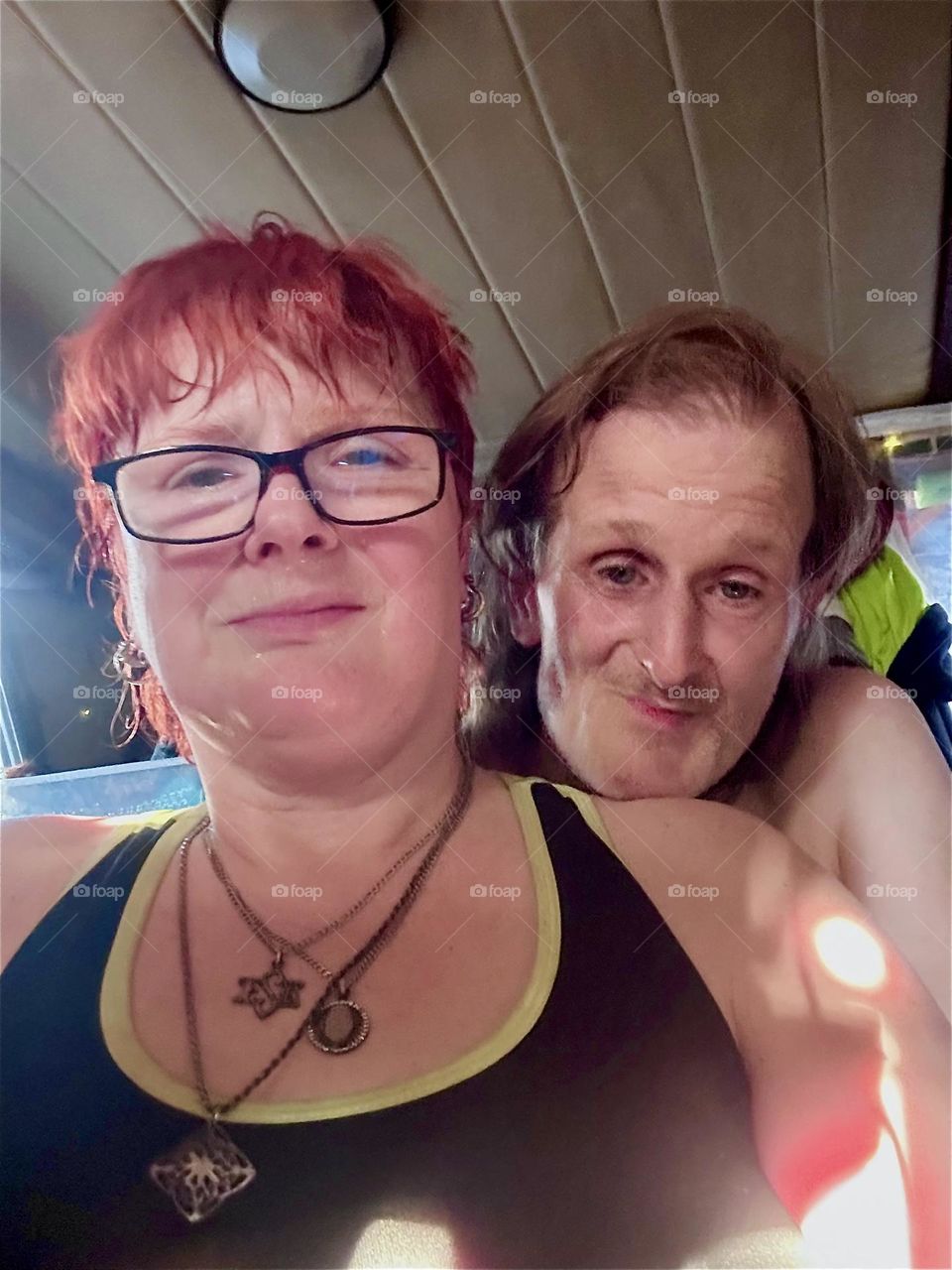 This is me, “Petra Schiller” a.k.a. “Maxine Firefox” in embrace with my beloved friend “Timothy Trespas” aboard “Salvation”, the “28 ft 1969 Luhrs” cabin cruiser at “Newtown Creek” in LIC, Queens that we call home. 2024. Hypnotic Productions