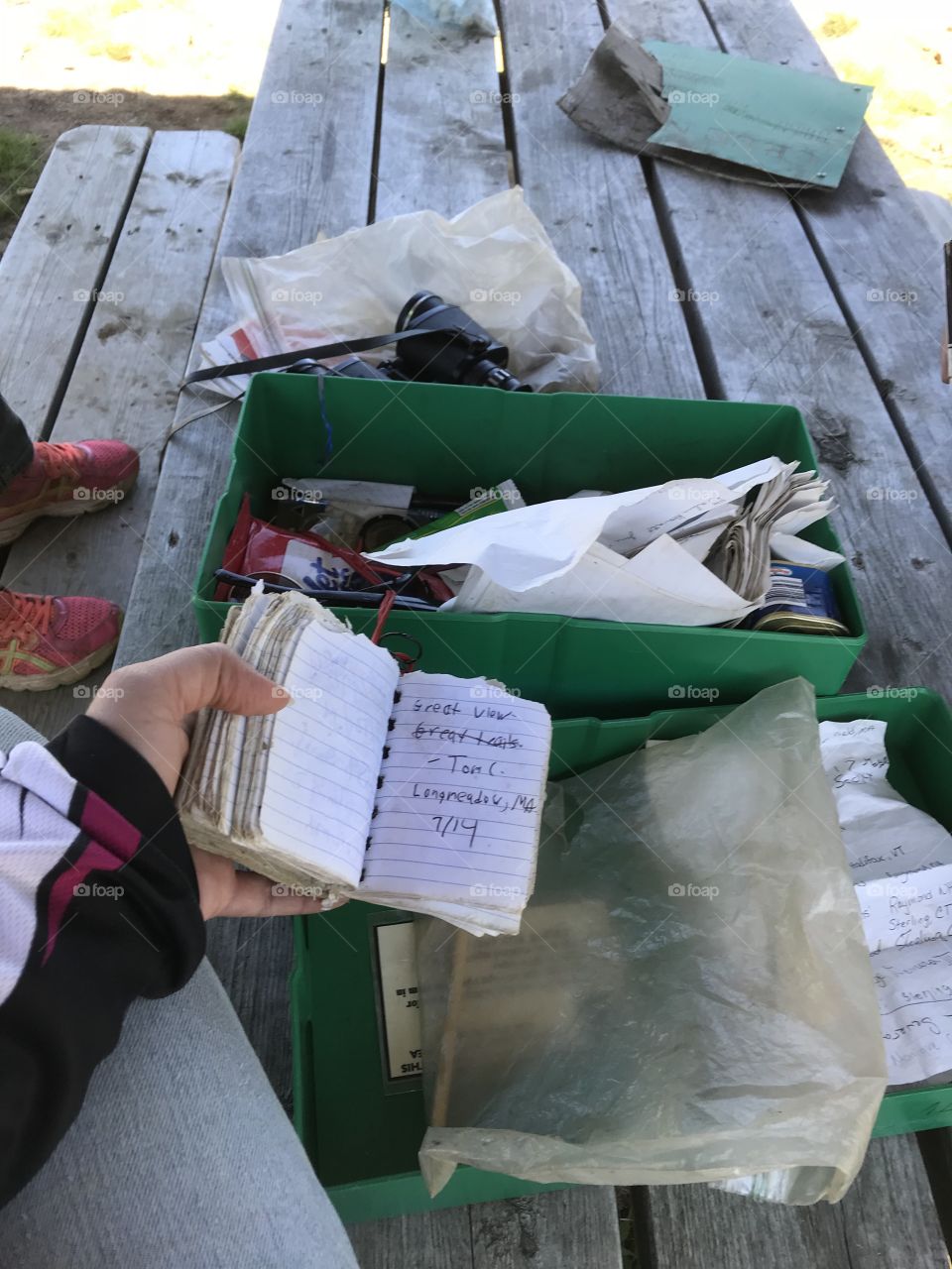 Found a box full “guest books” with people signing in who make it up the Rocky Mountain. Binoculars and other things were also found in it. 