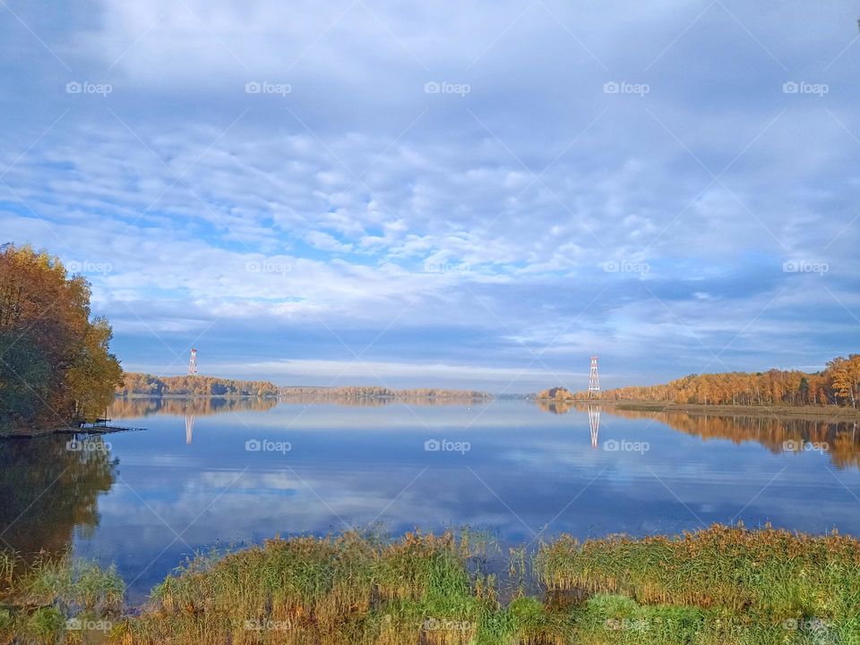 autumn lake sky reflection