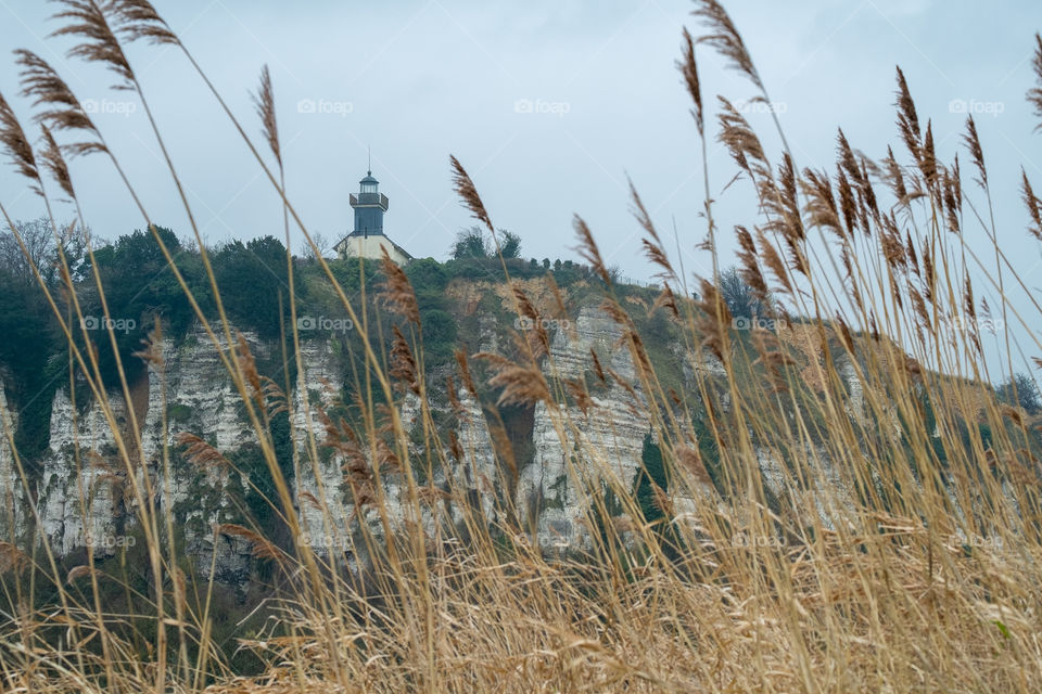 Lighthouse on a chalk cliff hidden behind the high grass on a grey misty day in fecamp, Normandy, France 