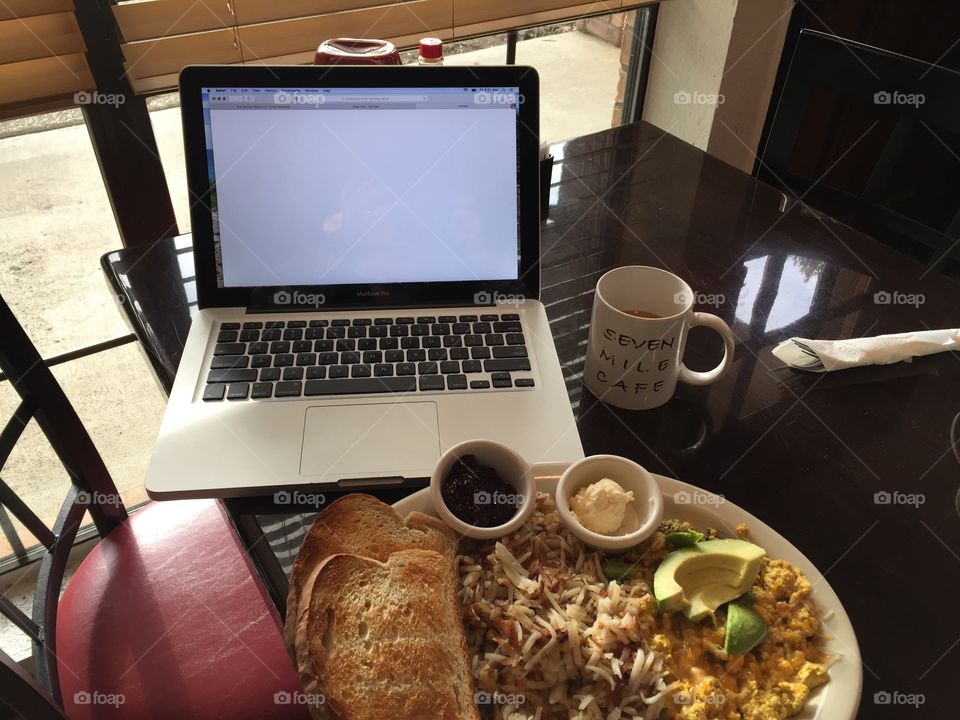 Working Breakfast. Vegan Omelette, toast, coffee, & computer work 