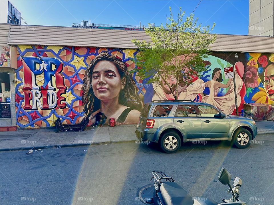 This is a really cool art mural on “Jefferson Street” off “Broadway” in “Bushwick”, Brooklyn celebrating Latin “PRIDE”, culture, music and dance. It spans almost an entire city block. 2024. Hypnotic Productions