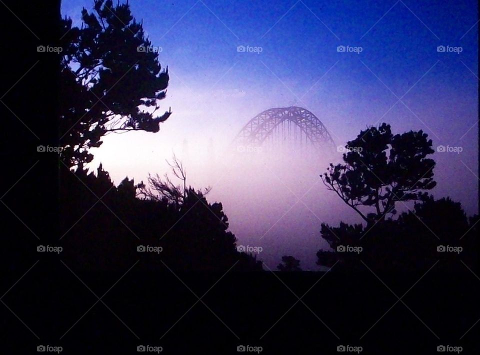 foggy morning Newport Oregon bridge over the bay