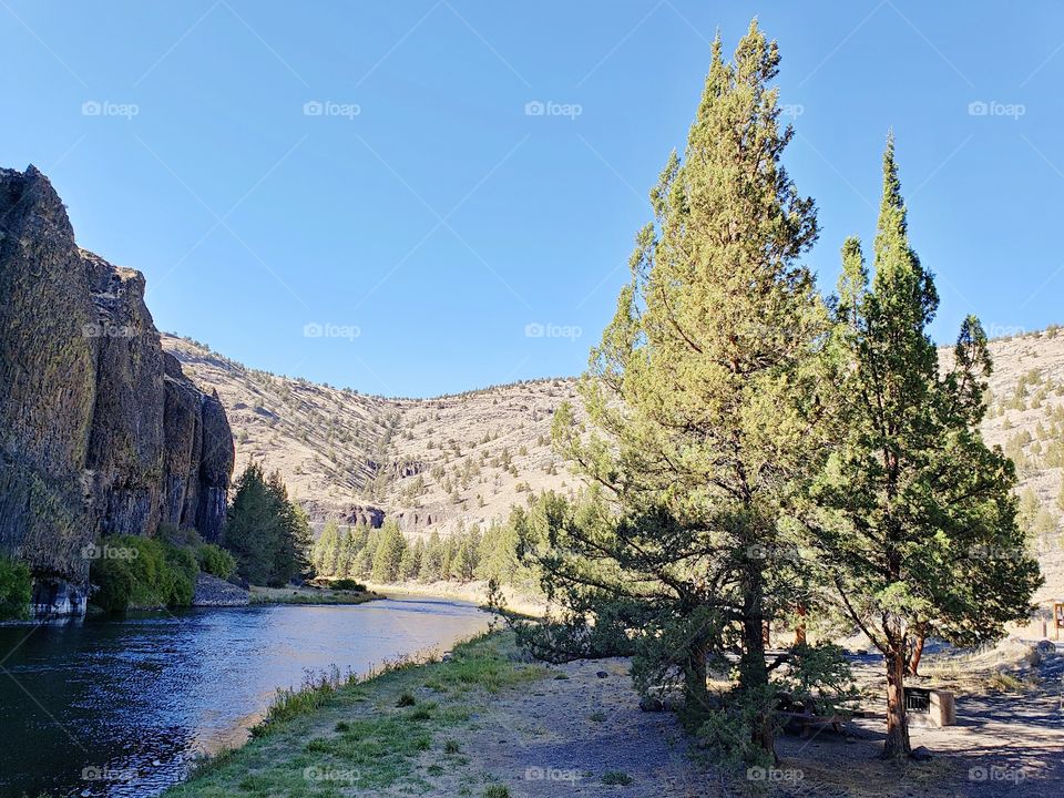 The beautiful Crooked River with fall colored bushes on its banks flows through a canyon formed from andesite and basalt flows on a nice autumn evening in Central Oregon.