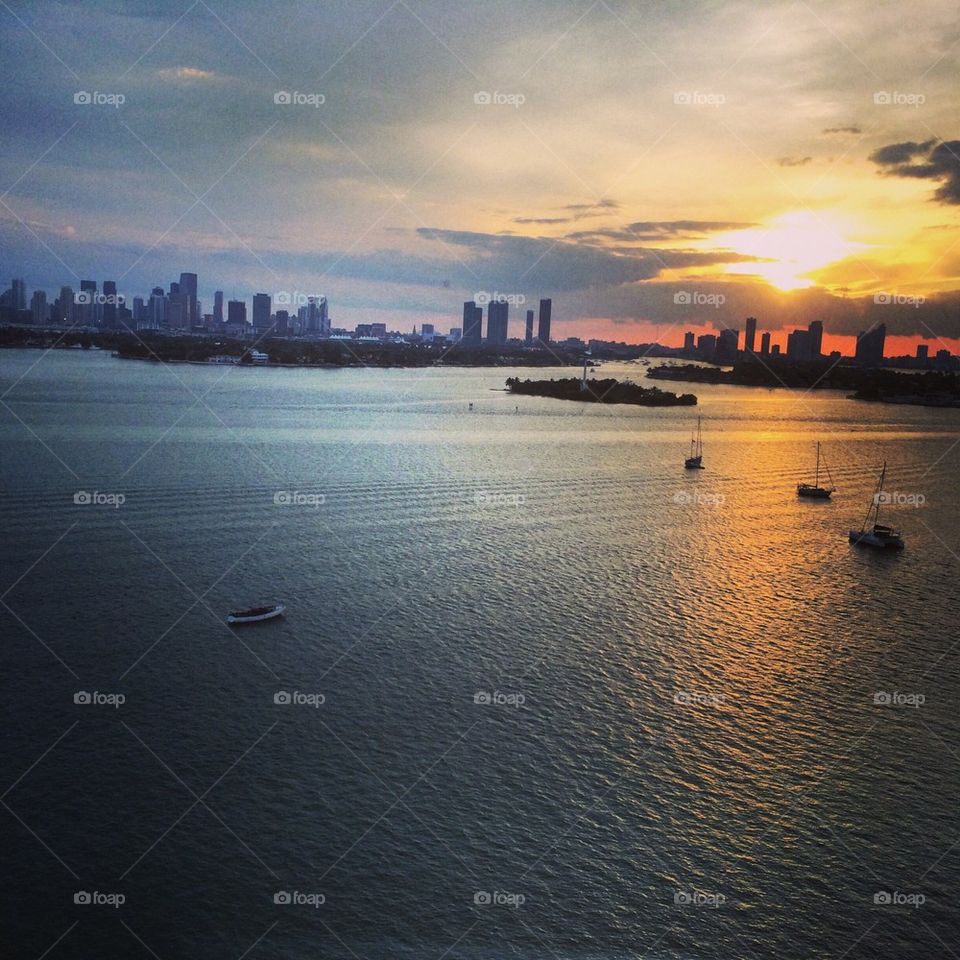 View of Miami cityscape at sunset