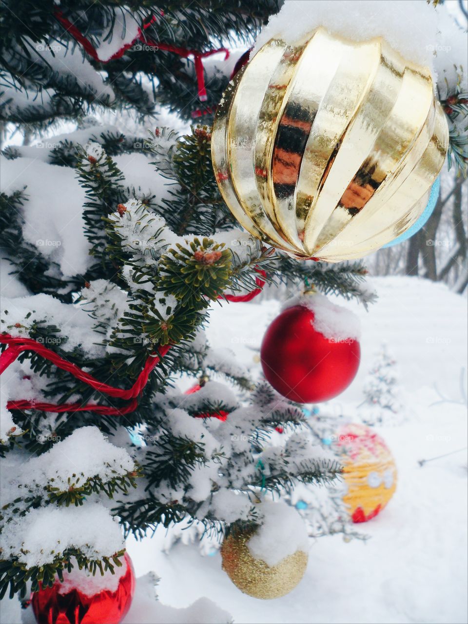 New Year's toys on a pine tree