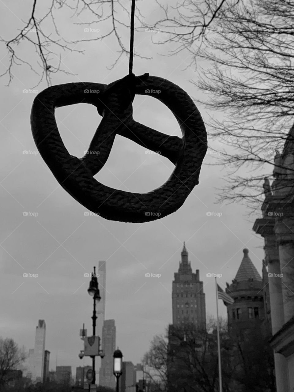 Hanging Pretzel against the sky in black and white. Near the American Museum Of Natural History. 