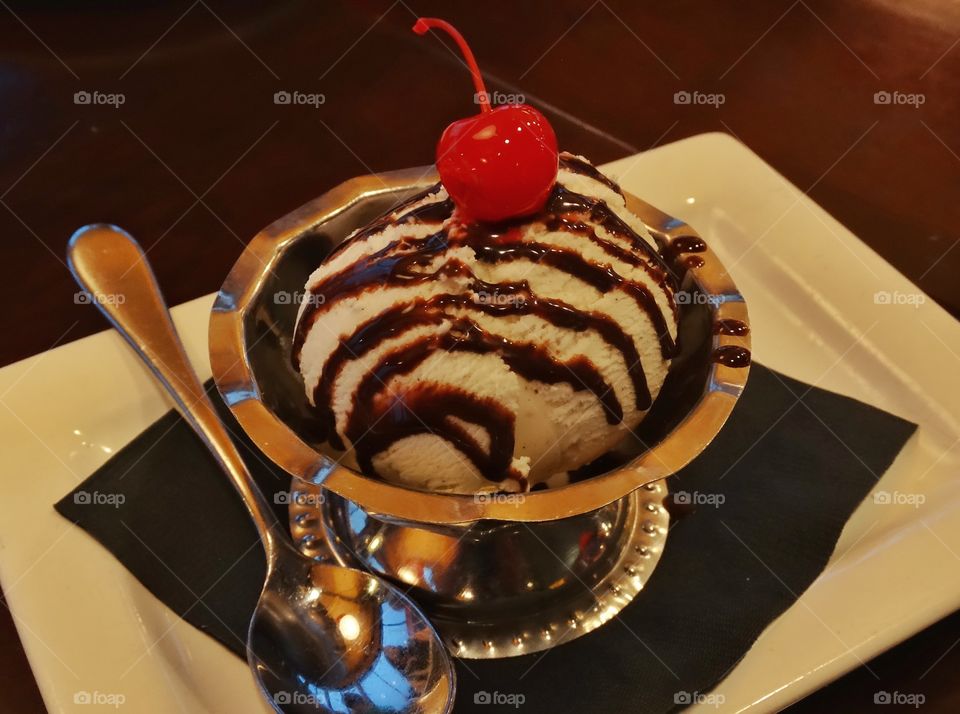 Ice Cream Sundae In Silver Dish