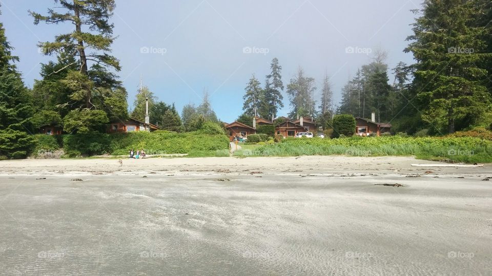 Crystal Cove Resort Tofino BC. View of the cabins from McKenzie Beach in Tofino BC
