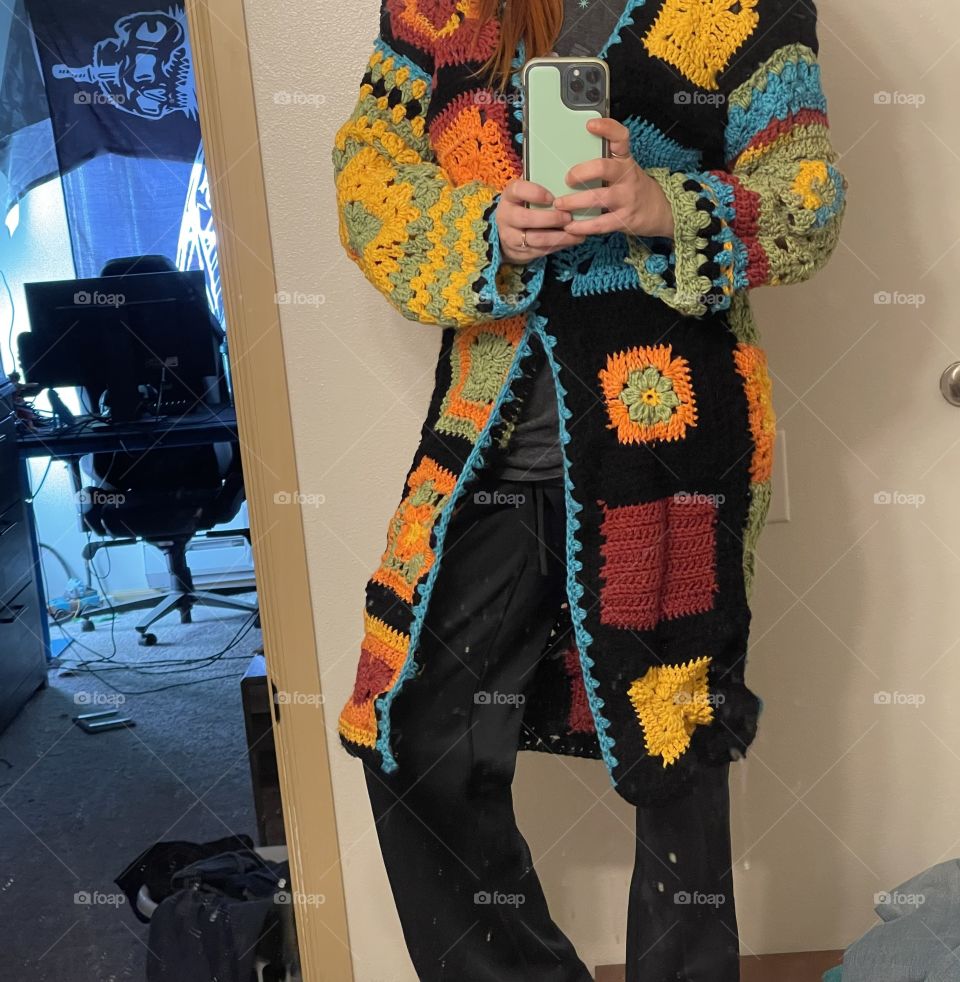 Hand made! Crocheted granny square cardigans. Rainbow pride! Fall and winter. 