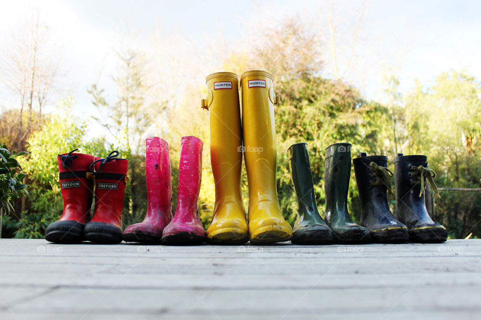 Close-up of multi colored wellington boots