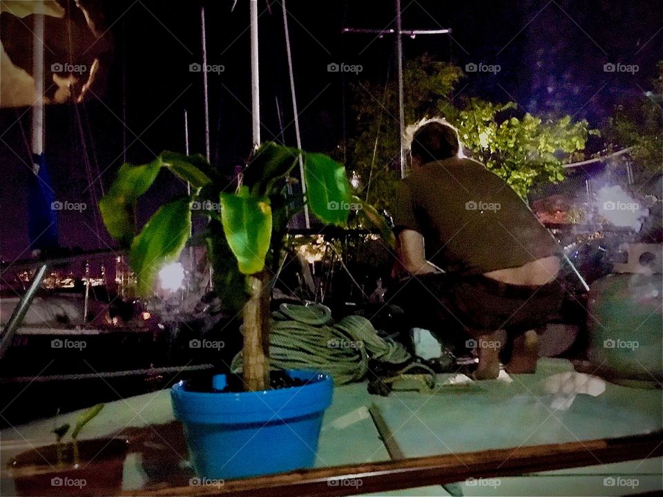 „Timothy Trespas“ is crouching on the front deck of the „Salvation“, our „28 foot 1969 Luhrs“ cabin cruiser next to our small potted palm tree at „Newtown Creek“. The vibe of this balmy summer night is jazzy and cool. 2023. Hypnotic Productions