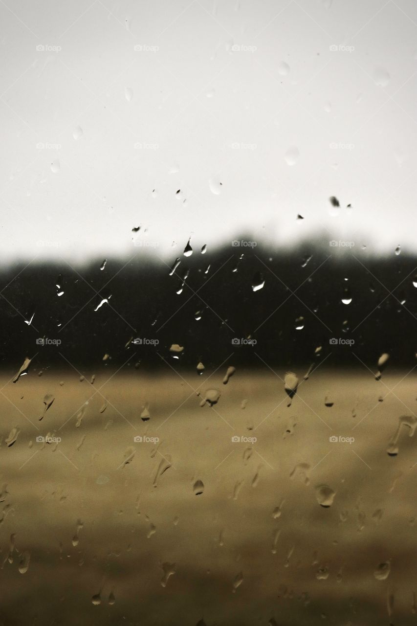 A cold rainy day in autumn looking through raindrops on the window.