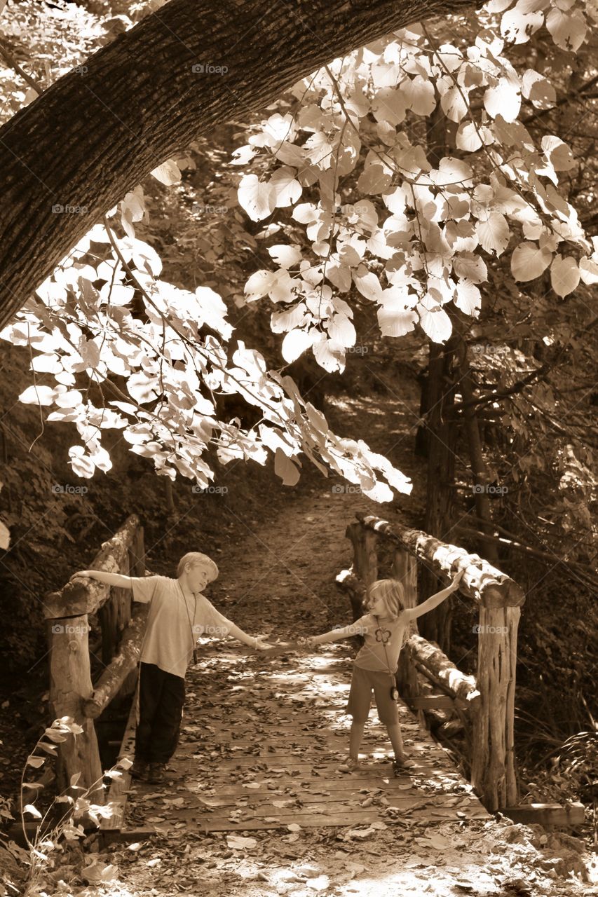 Two children holding hands on bridge under beautifully lit leaves in this sepia photo. 