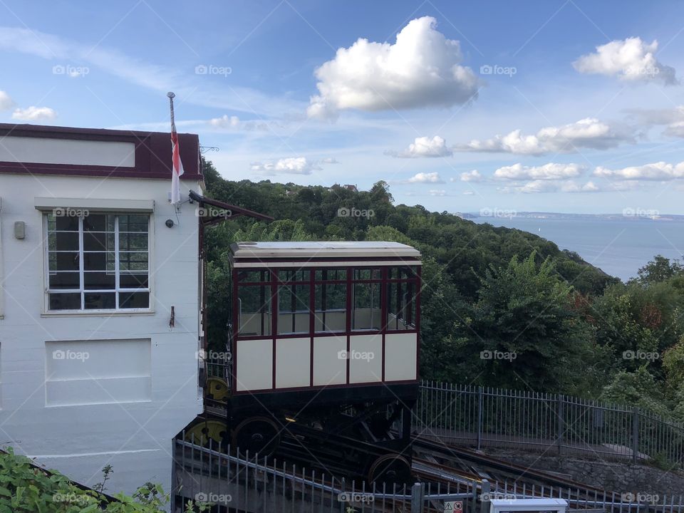 A photo of the Babbacombe Cliff Railway just finishing it’s last journey of the day from Babbacombe Downs to Oddicombe Beach in Torbay.