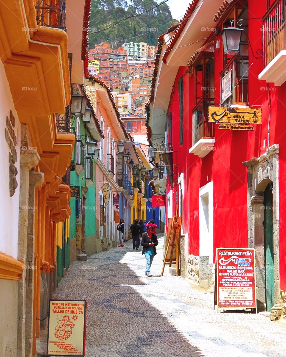 A very colorful street in the city of La Paz in Bolivia