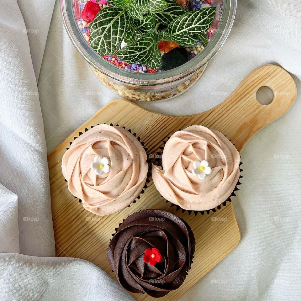 Strawberry yogurt and chocolate ganache cupcakes for afternoon treats 