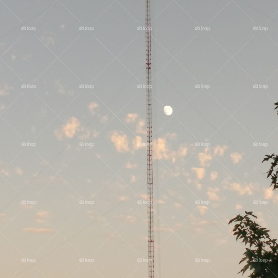 moon, daylight, tv tower, clouds