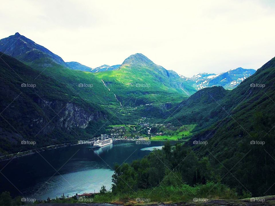 Landscape view of cruise ship in norway