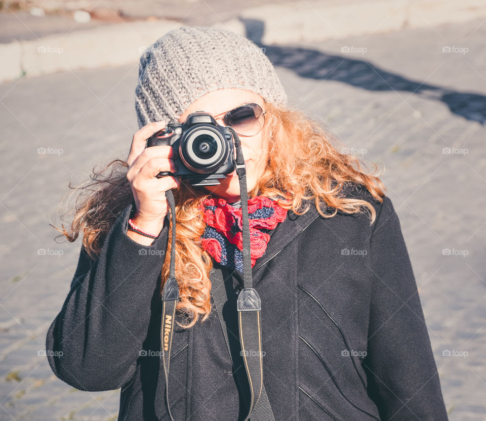 Binoculars, Winter, Lens, Woman, Scarf