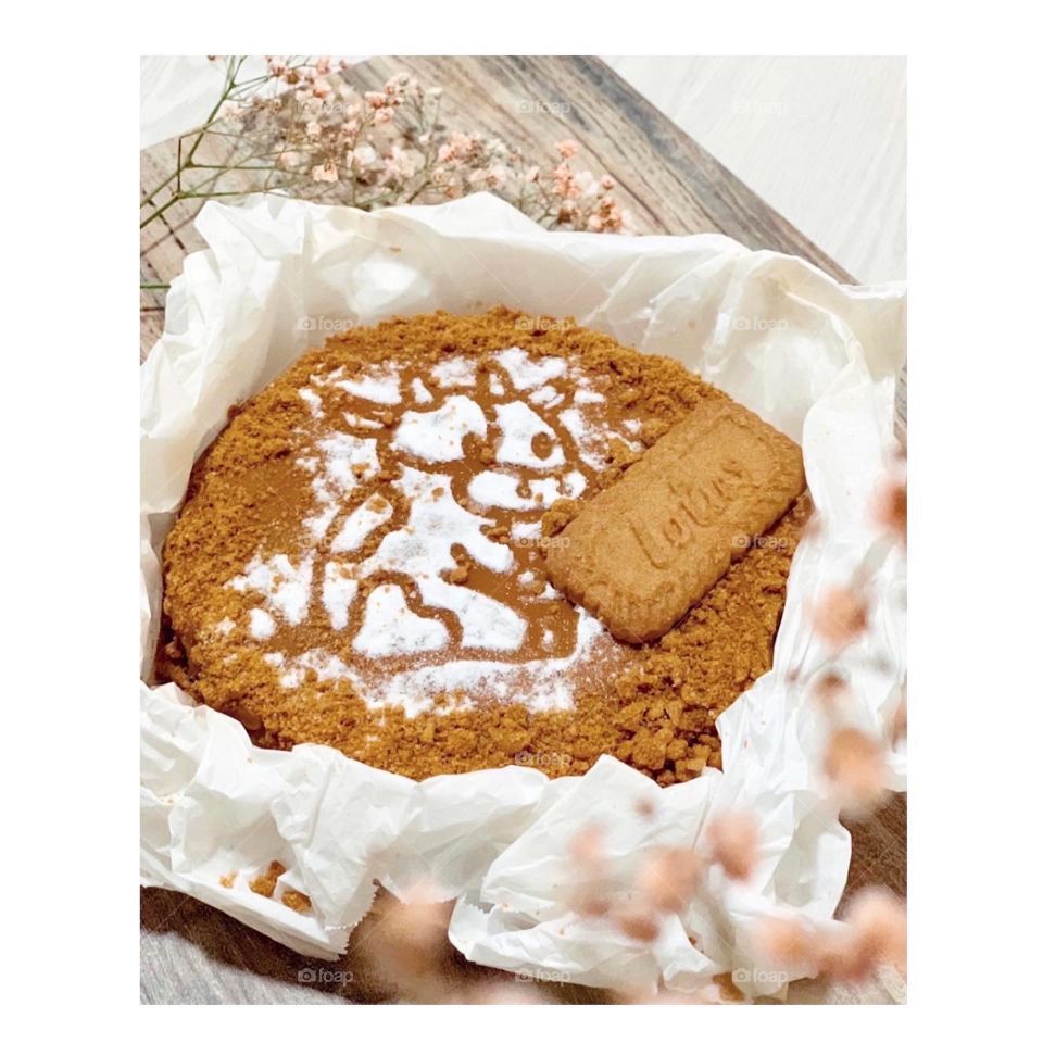 Freshly baked basque burnt cheesecake with Biscoff spread and cool ox sugar icing on top 