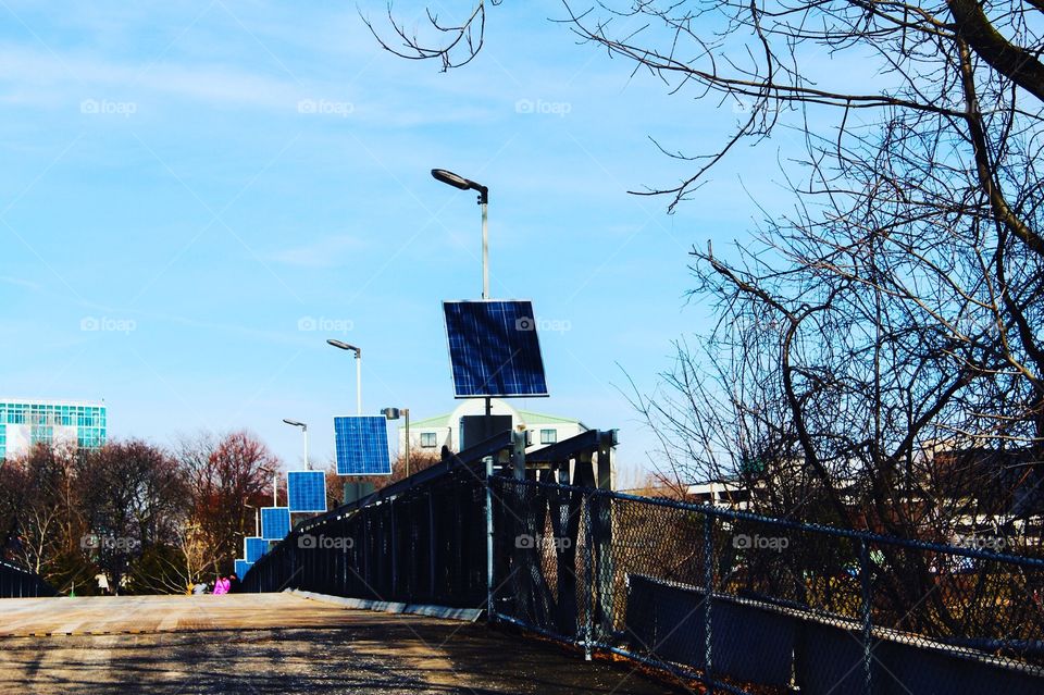 Solar energy powering lights on bridge over Niagara River Niagara Falls NY. 