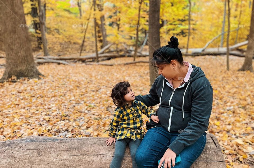 Mother and daughter sit on a log in woods, hiking during the fall, hiking with toddlers in autumn, toddler looks up at mother, toddler in the forest during fall, autumn in the Midwest, in the middle of the forest with autumn colors all around
