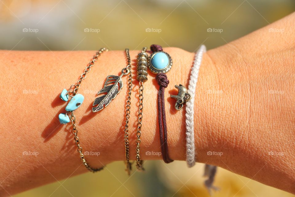 Woman wearing handmade bracelets 