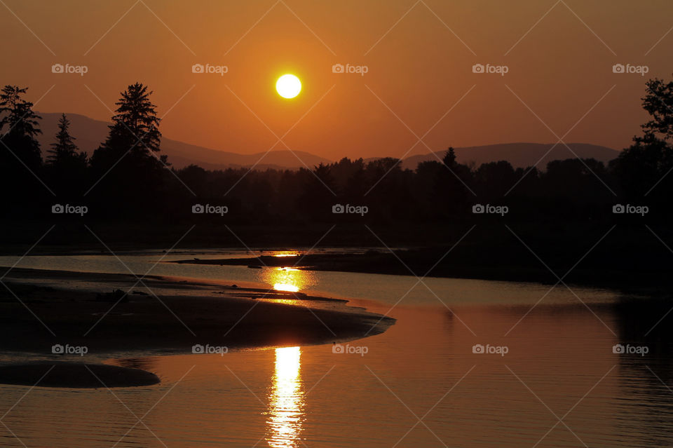 The setting sun is strongly reflected in the falling tidal waters of the estuary & the sky is orange & pink. The tree line, tidal flats & mountains are dark silhouettes focusing all attention on the glowing yellow sun, sky & water. Beautiful!
