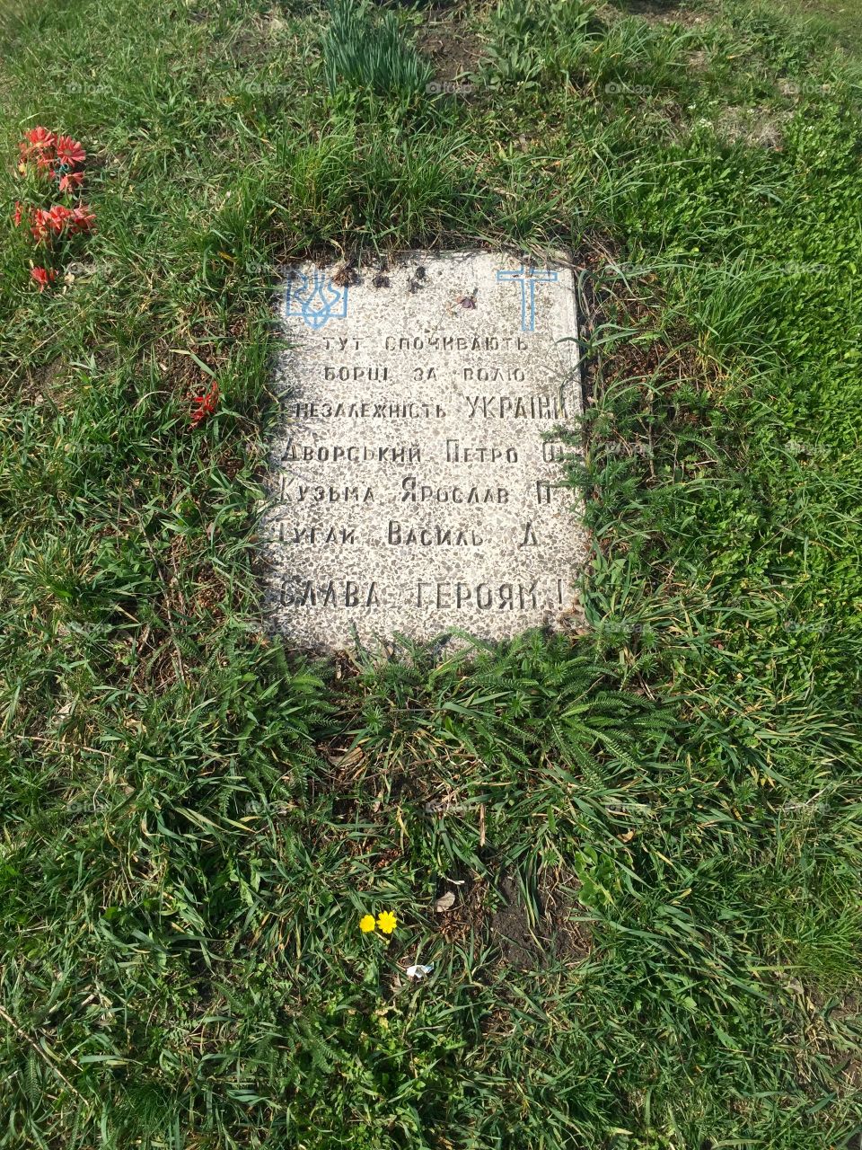 A memorial tablet in the grass in honor of all fighters for Freedom and Independence  of Ukraine